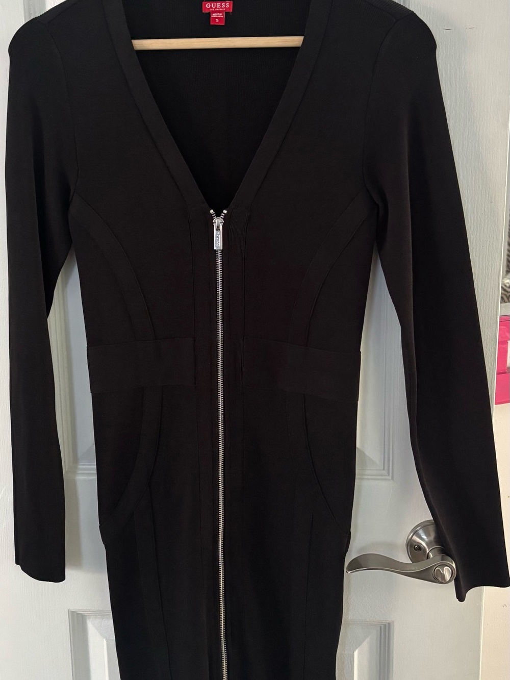 GUESS Black V-Neck Zip-Front Dress, Size Small